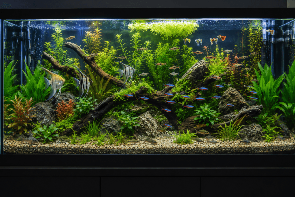 Aquarium d’eau douce planté de 400L avec décor naturel (racines, pierres et plantes aquatiques).
